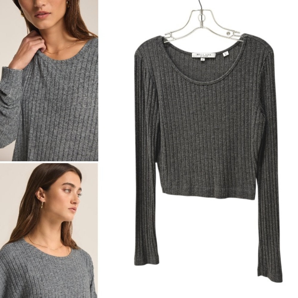 NEW BELLA LUXE Ribbed Scoop Neck Gray Cropped Crew Neck Sweater XS